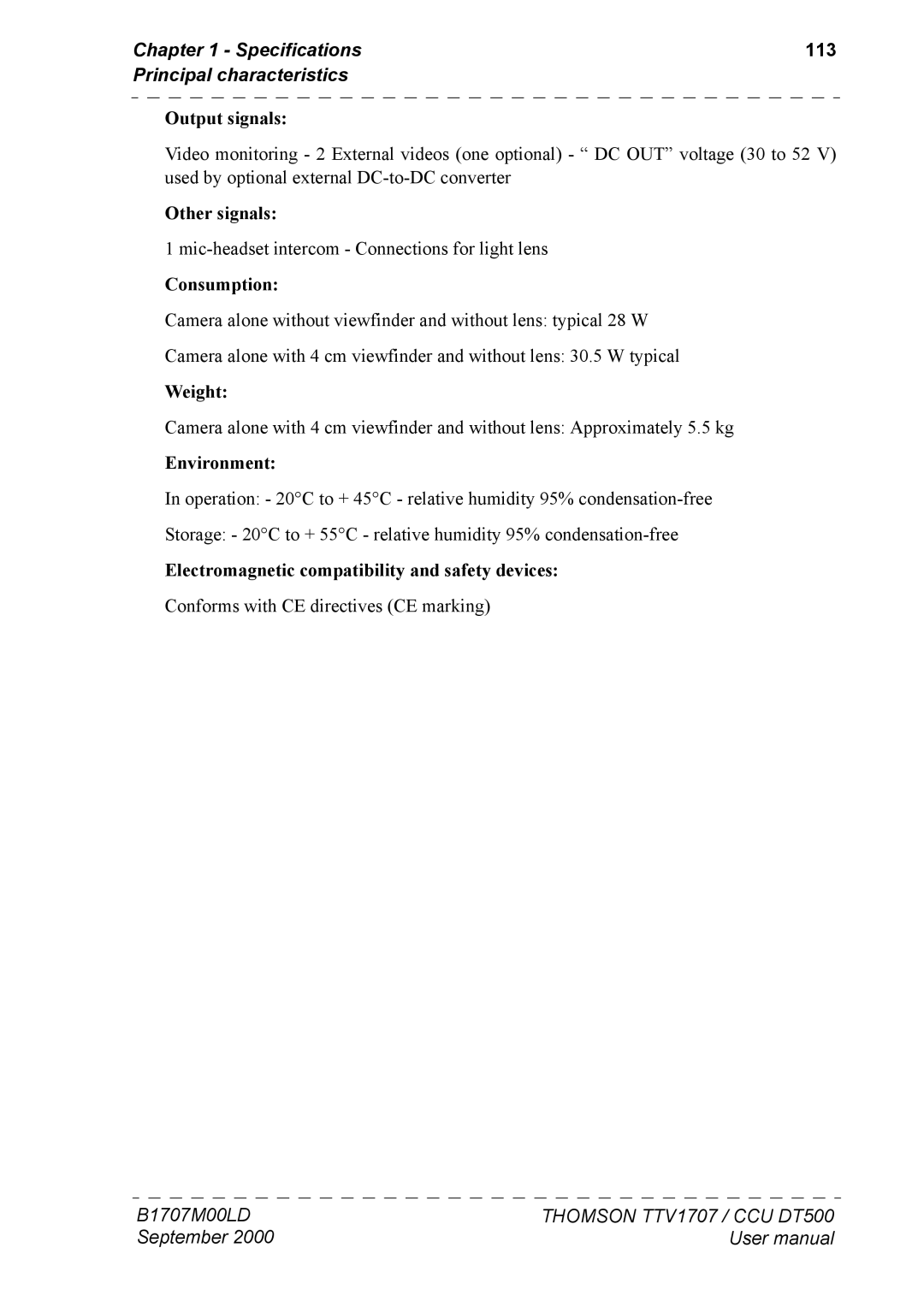 Technicolor - Thomson CAMERA TTV 1707, CCU DT 500 manuel dutilisation Specifications 113 Principal characteristics 