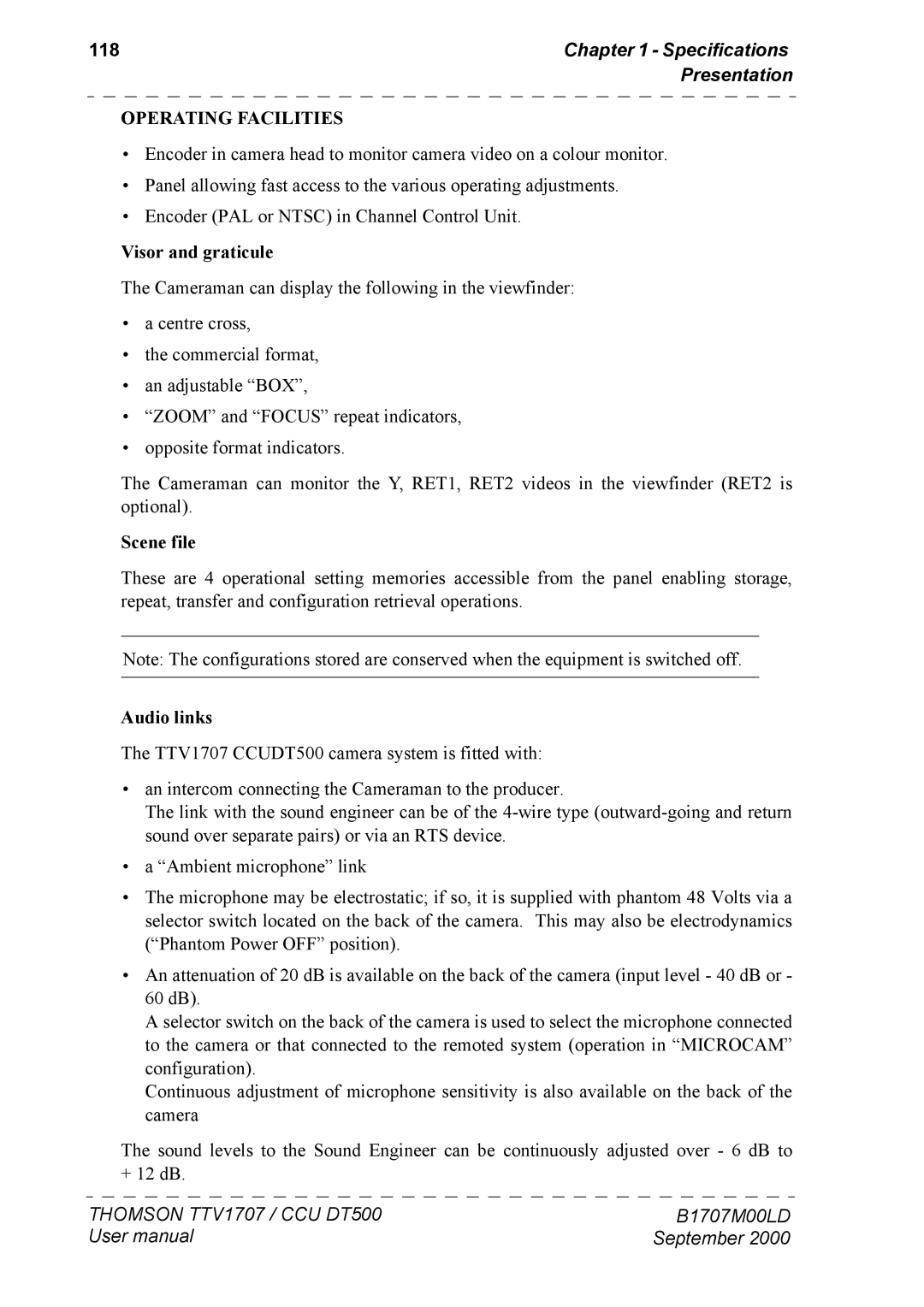 Technicolor - Thomson CCU DT 500, CAMERA TTV 1707 118, Operating Facilities, Visor and graticule, Scene file, Audio links 