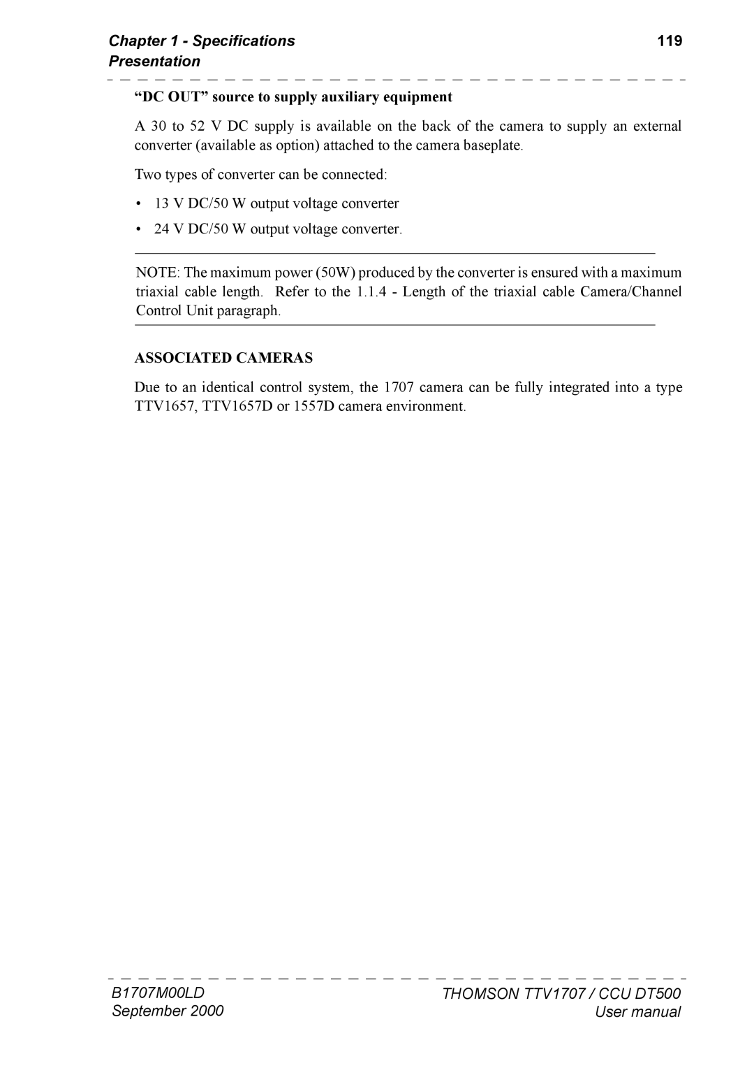 Technicolor - Thomson CAMERA TTV 1707 Specifications 119 Presentation, DC OUT source to supply auxiliary equipment 