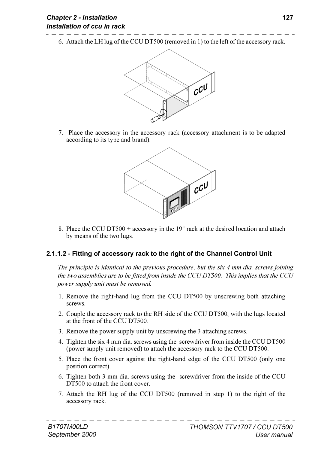 Technicolor - Thomson CAMERA TTV 1707, CCU DT 500 manuel dutilisation Ccu, Installation 127 Installation of ccu in rack 