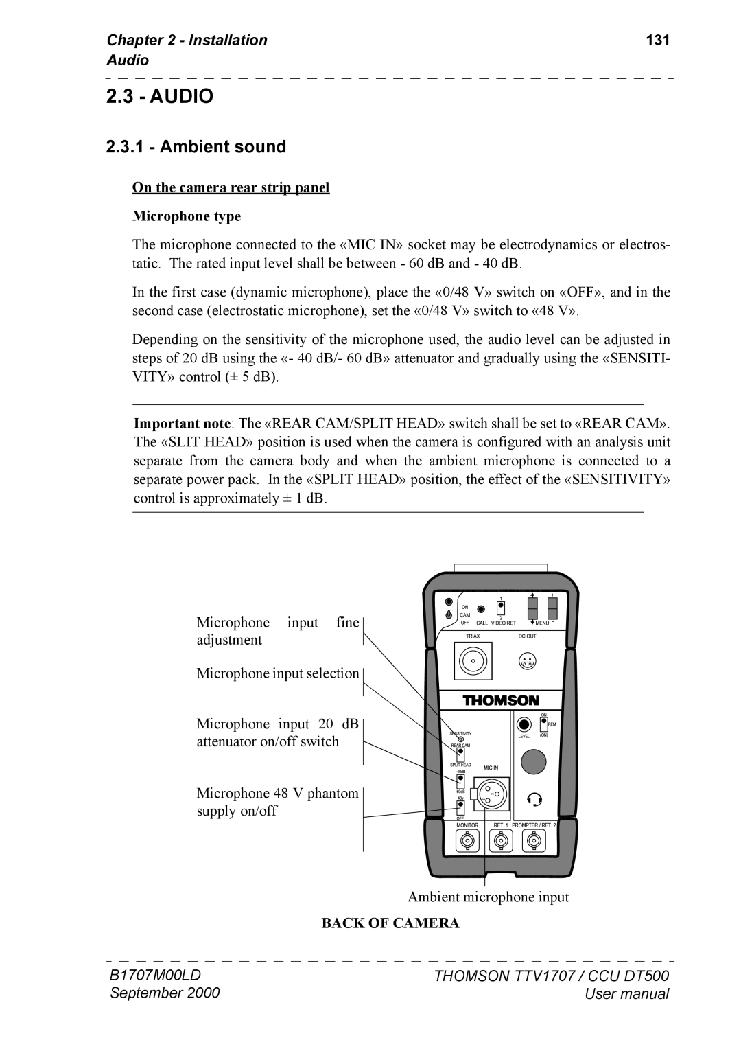 Technicolor - Thomson CAMERA TTV 1707, CCU DT 500 manuel dutilisation Ambient sound, Installation 131 Audio, Back of Camera 