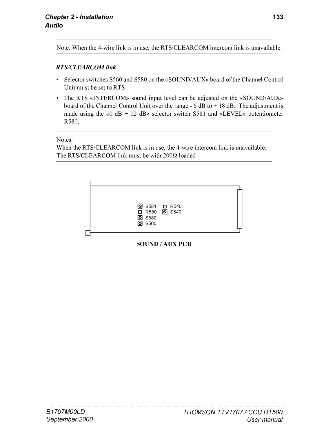 Technicolor - Thomson CAMERA TTV 1707, CCU DT 500 manuel dutilisation Installation 133 Audio, RTS/CLEARCOM link 