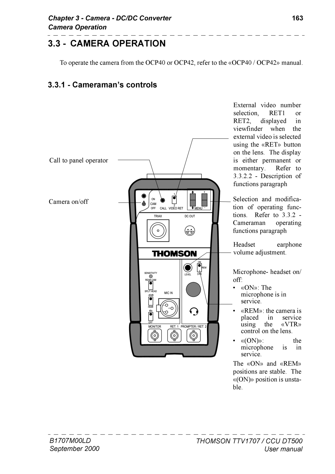 Technicolor - Thomson CAMERA TTV 1707, CCU DT 500 Cameraman’s controls, Camera DC/DC Converter 163 Camera Operation 