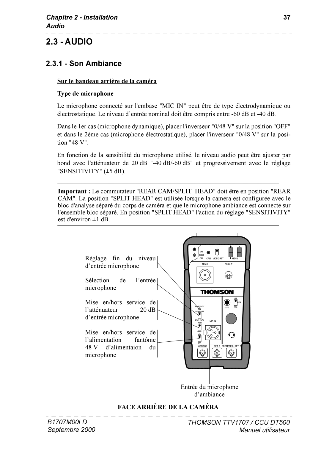Technicolor - Thomson CAMERA TTV 1707, CCU DT 500 Son Ambiance, Chapitre 2 Installation Audio, Face Arrière DE LA Caméra 