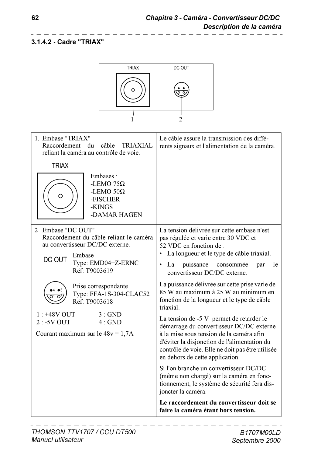 Technicolor - Thomson CCU DT 500 Cadre Triax, Le raccordement du convertisseur doit se, Faire la caméra étant hors tension 