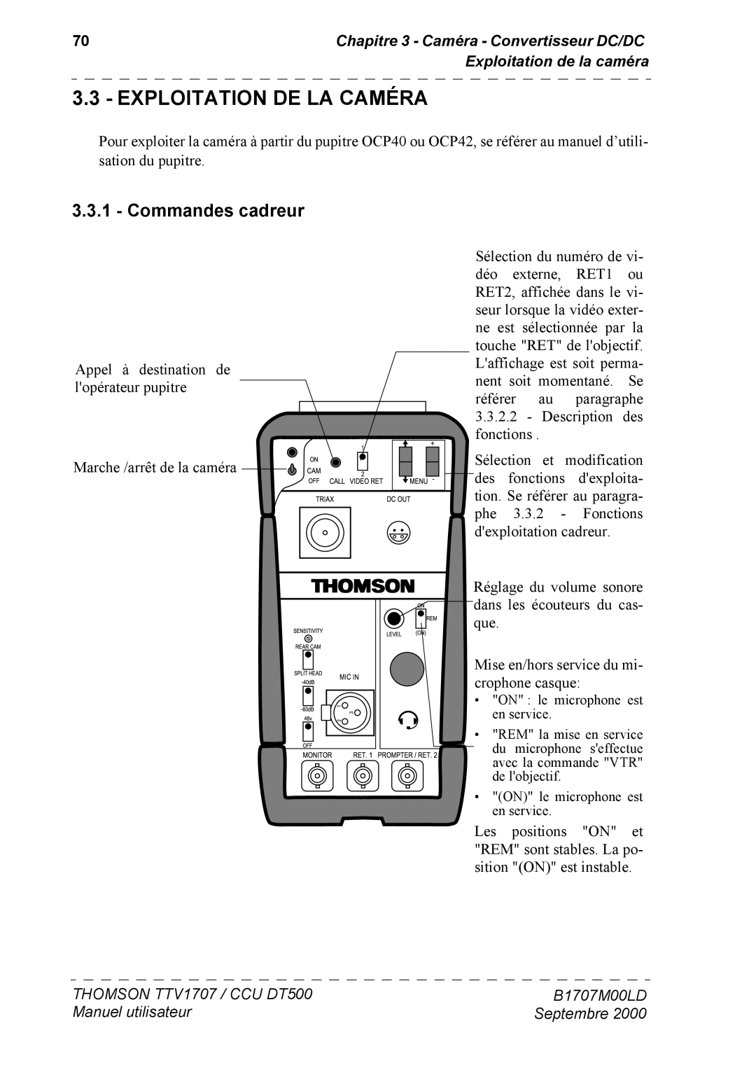 Technicolor - Thomson CCU DT 500, CAMERA TTV 1707 Exploitation DE LA Caméra, Commandes cadreur, Exploitation de la caméra 