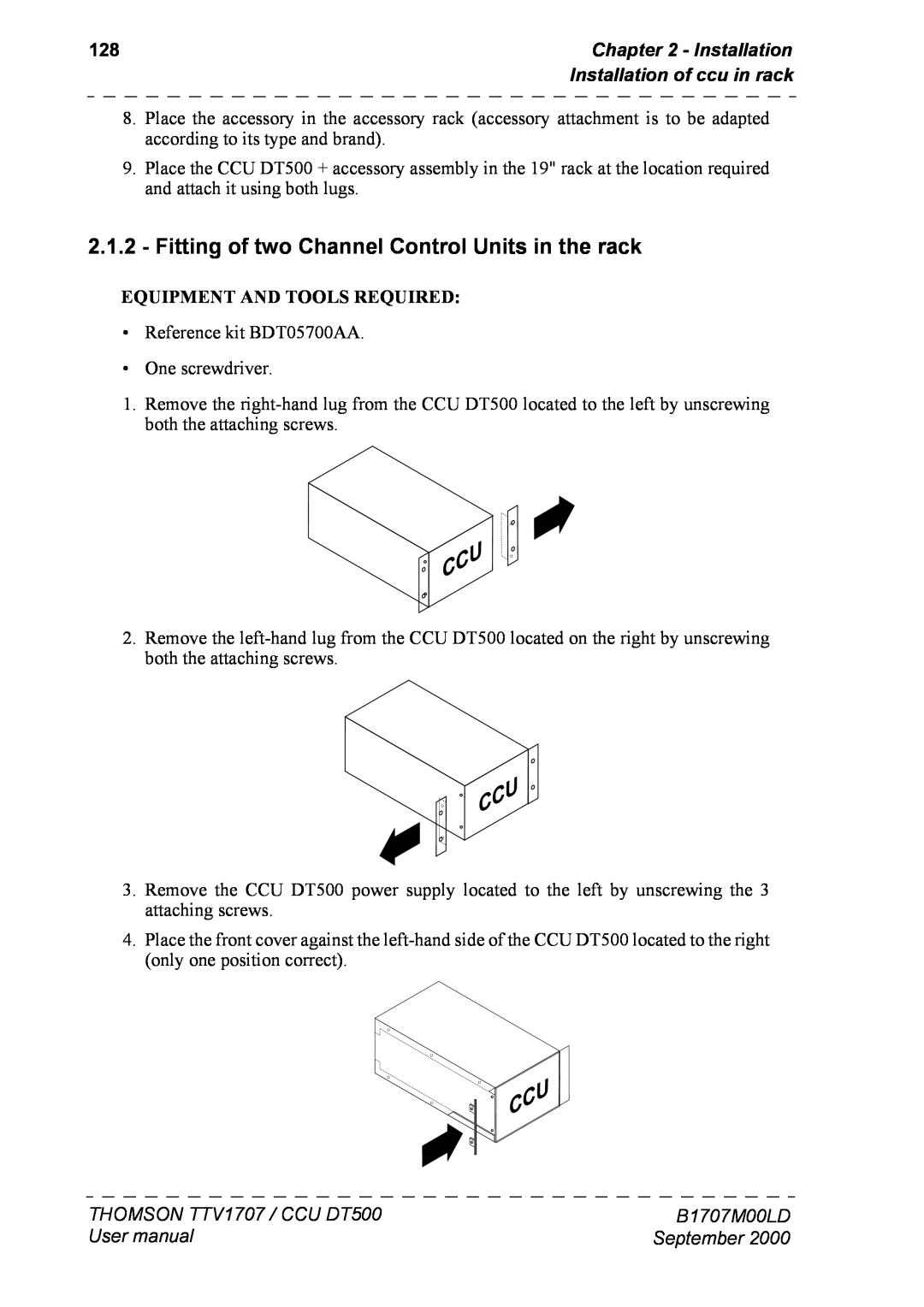 Technicolor - Thomson CCU DT 500 Installation of ccu in rack, THOMSON TTV1707 / CCU DT500, B1707M00LD, User manual 