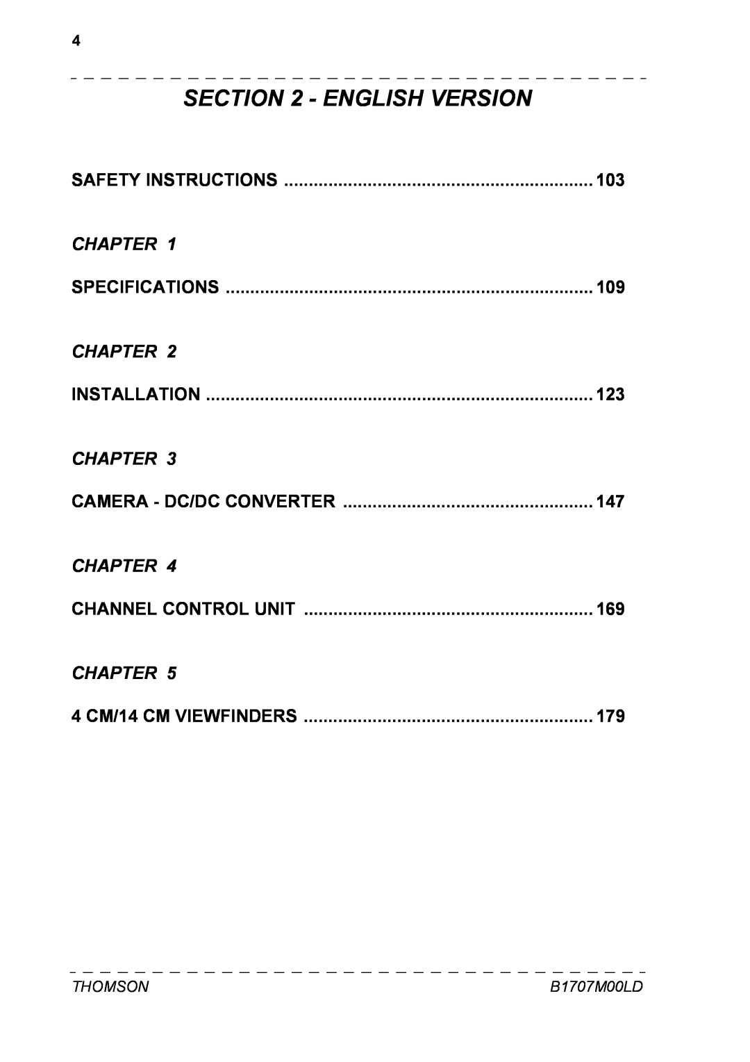 Technicolor - Thomson CCU DT 500, CAMERA TTV 1707 manuel dutilisation English Version, Chapter, Thomson, B1707M00LD 