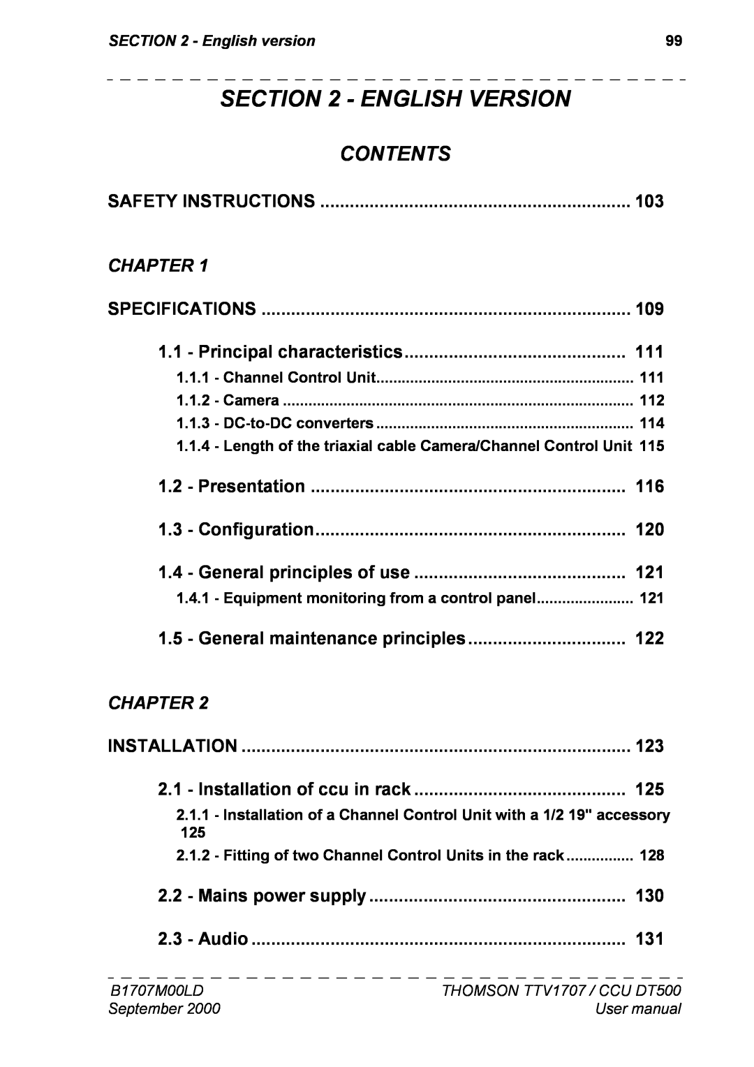 Technicolor - Thomson CAMERA TTV 1707, CCU DT 500 manuel dutilisation Contents, English Version, Chapter, English version 