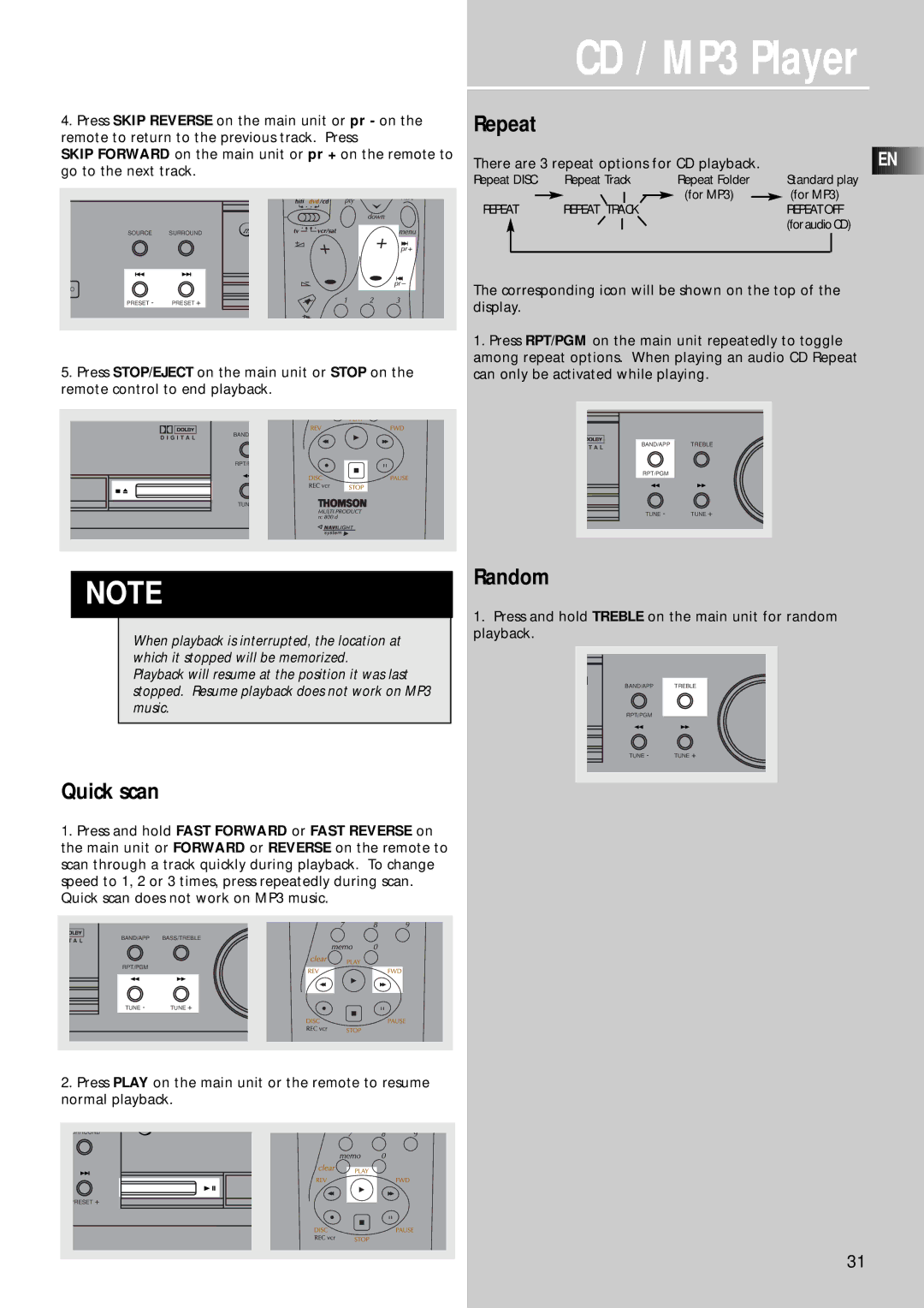 Technicolor - Thomson CD/MP3 Player manual Repeat, Quick scan, Random 