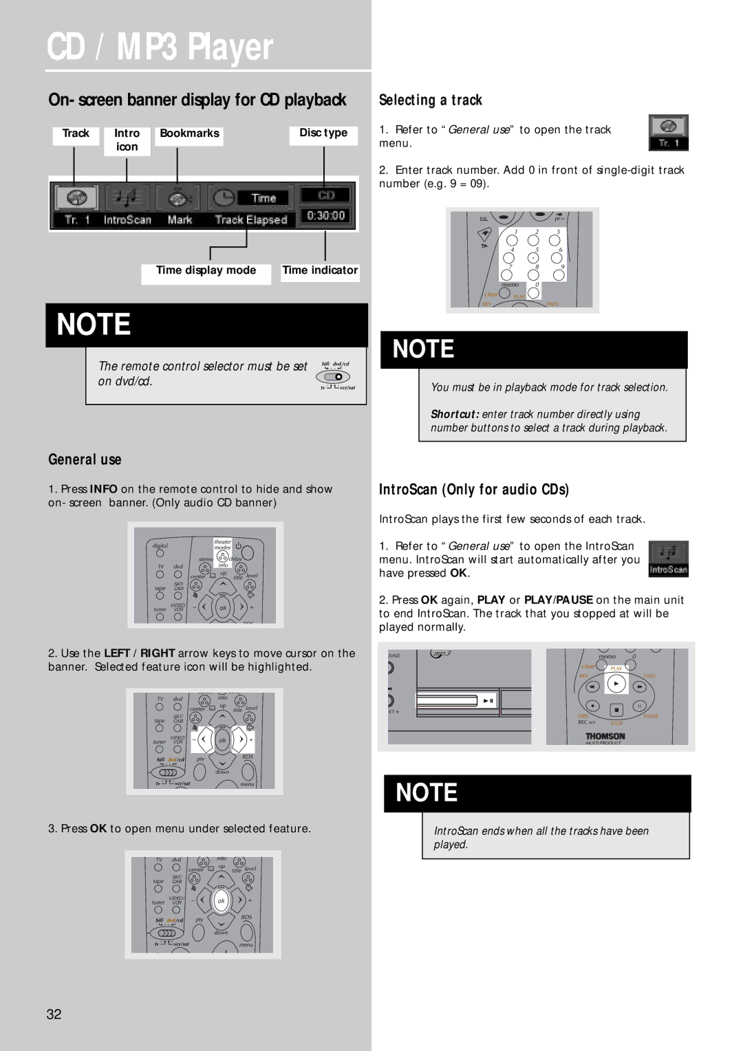 Technicolor - Thomson CD/MP3 Player manual Selecting a track, General use, IntroScan Only for audio CDs 