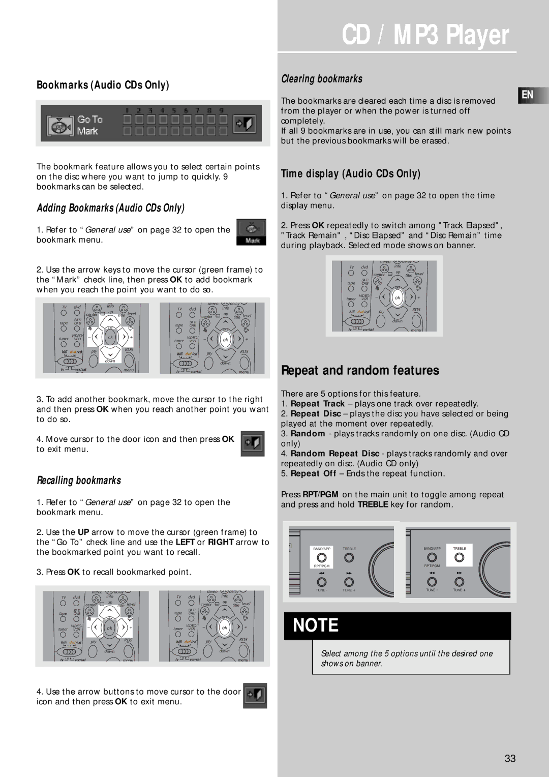 Technicolor - Thomson CD/MP3 Player manual Repeat and random features, Clearing bookmarks, Adding Bookmarks Audio CDs Only 