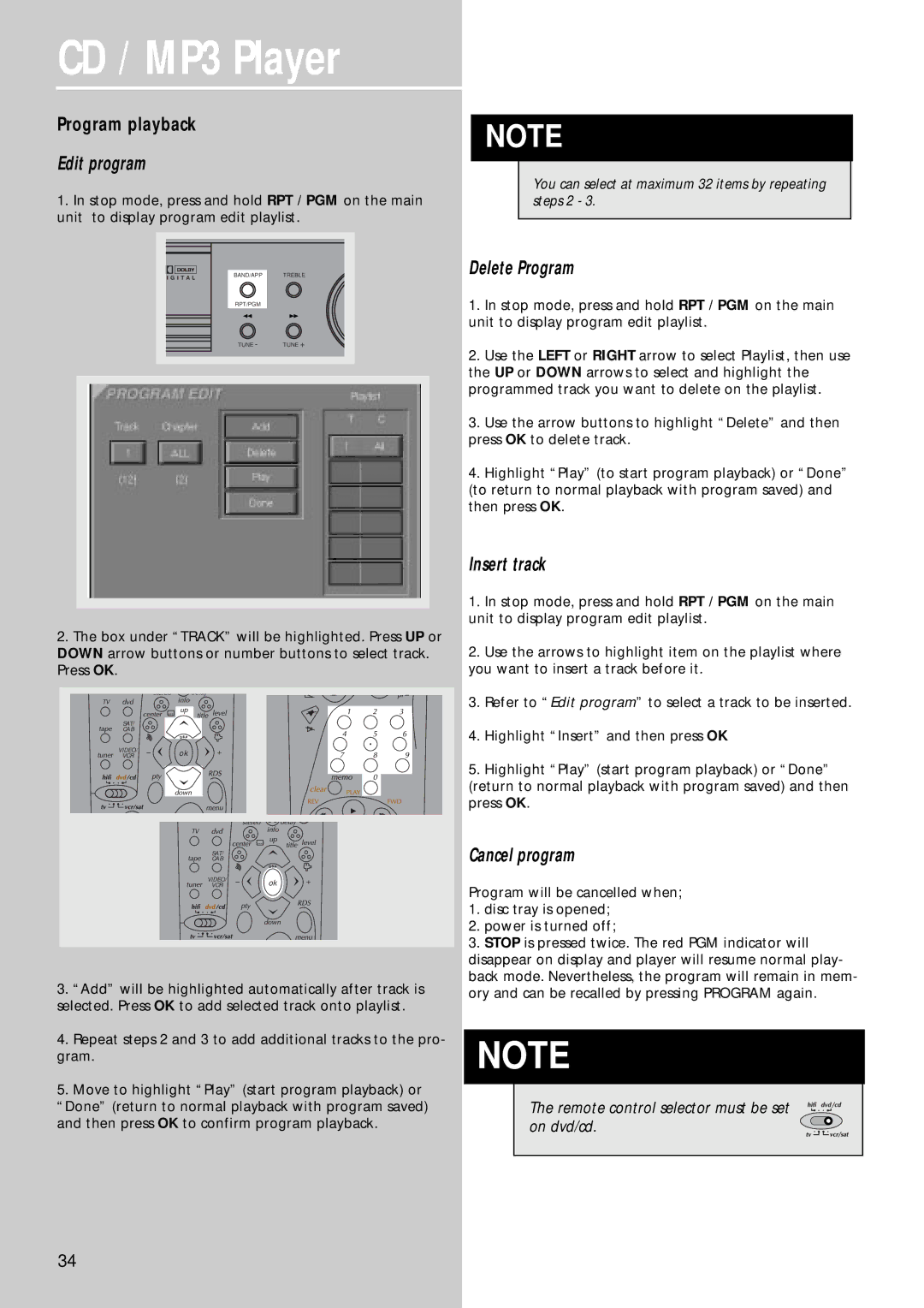 Technicolor - Thomson CD/MP3 Player manual Program playback, Edit program, Delete Program, Insert track, Cancel program 