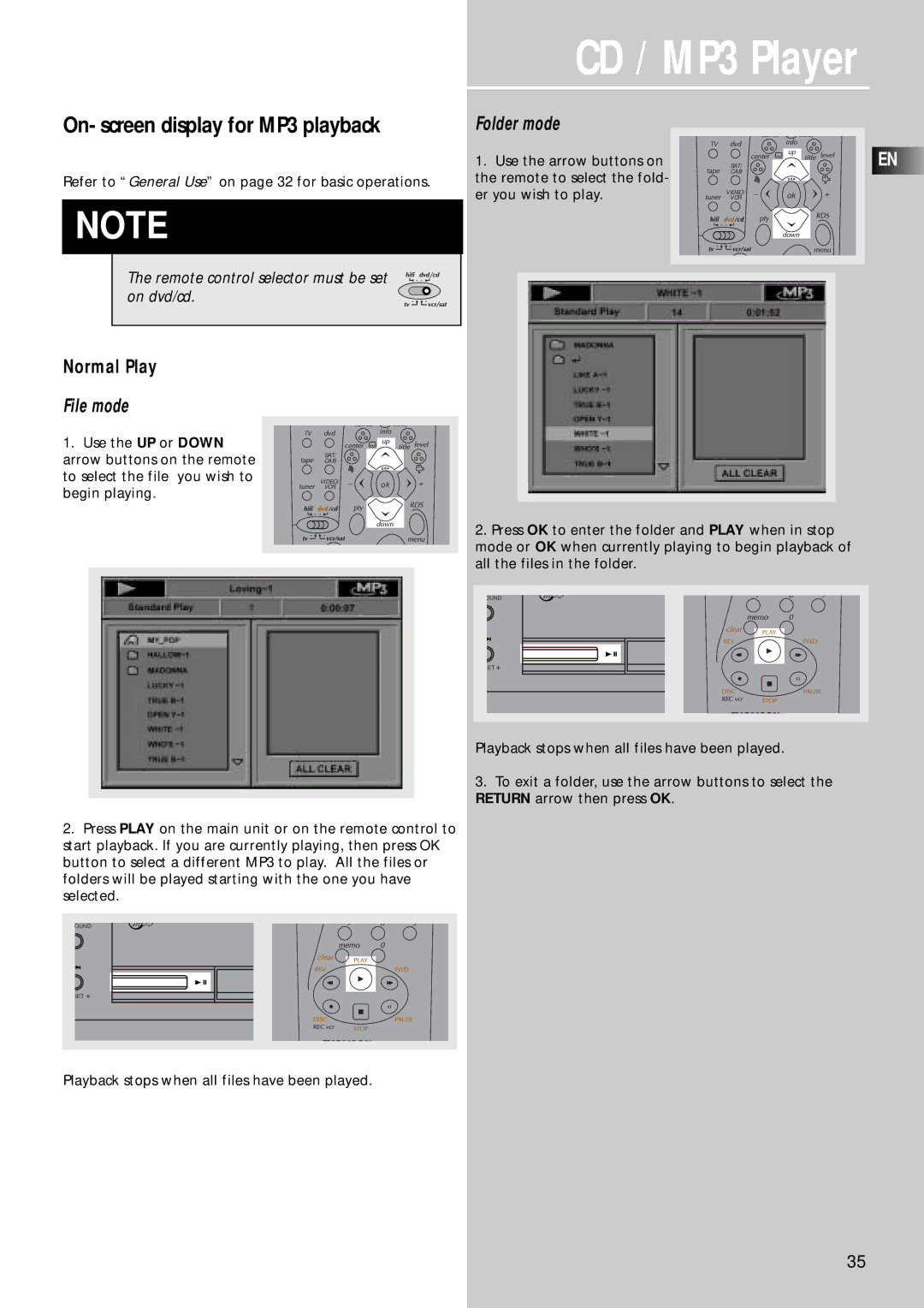 Technicolor - Thomson CD/MP3 Player manual On- screen display for MP3 playback, Folder mode, Normal Play, File mode 