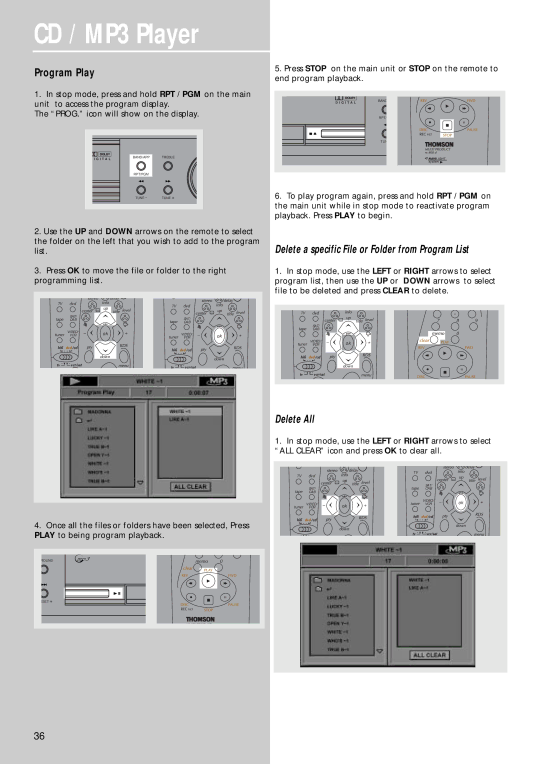 Technicolor - Thomson CD/MP3 Player manual Program Play, Delete a specific File or Folder from Program List, Delete All 