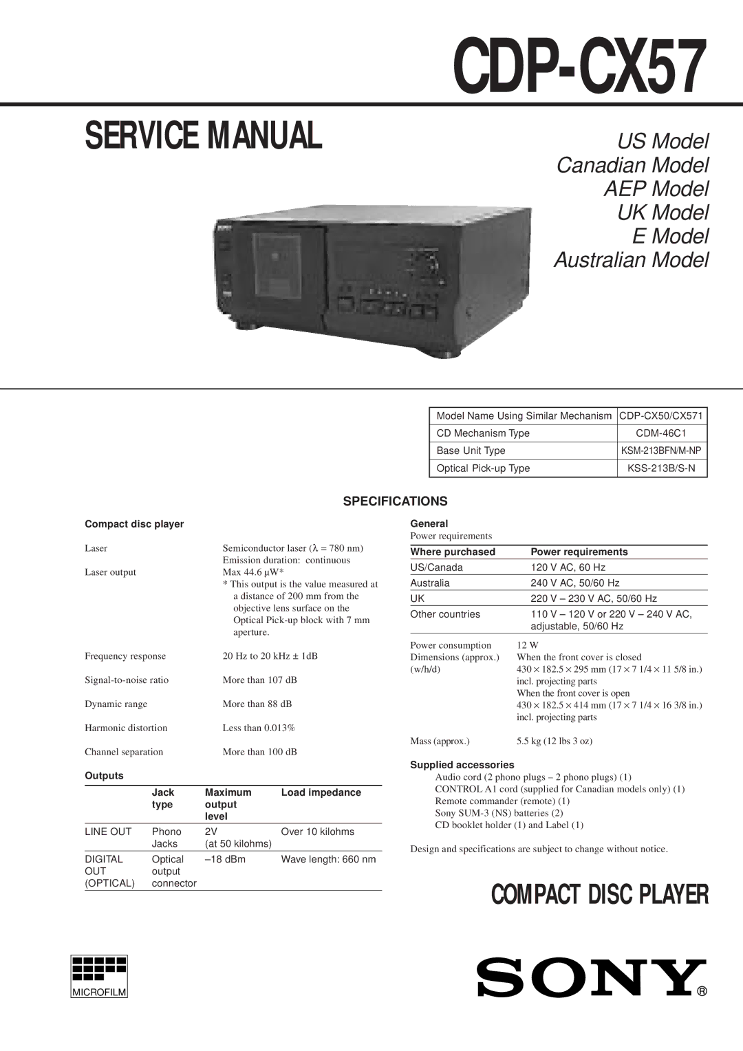 Technicolor - Thomson CDP-CX57 service manual Specifications, Line OUT, Digital, Out, Optical 