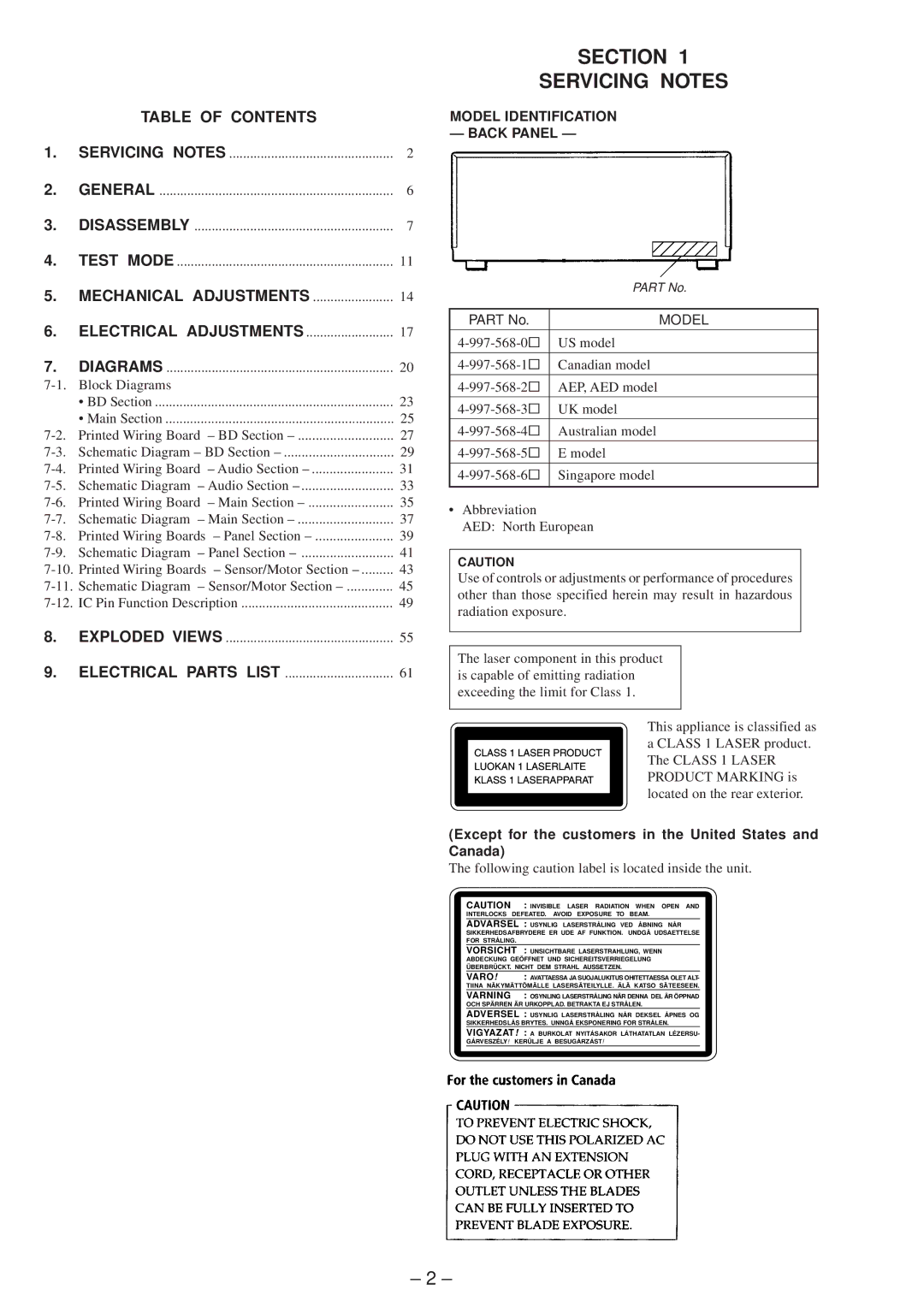 Technicolor - Thomson CDP-CX57 service manual Section Servicing Notes, Table of Contents, Mechanical Adjustments 