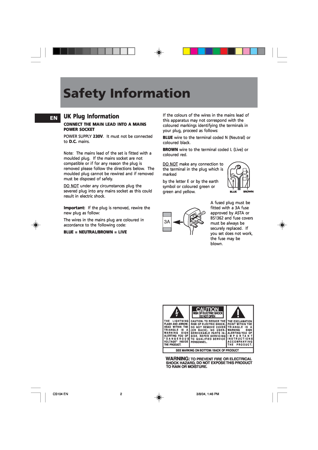Technicolor - Thomson CS104 user service Safety Information, UK Plug Information, Blue = Neutral/Brown = Live 
