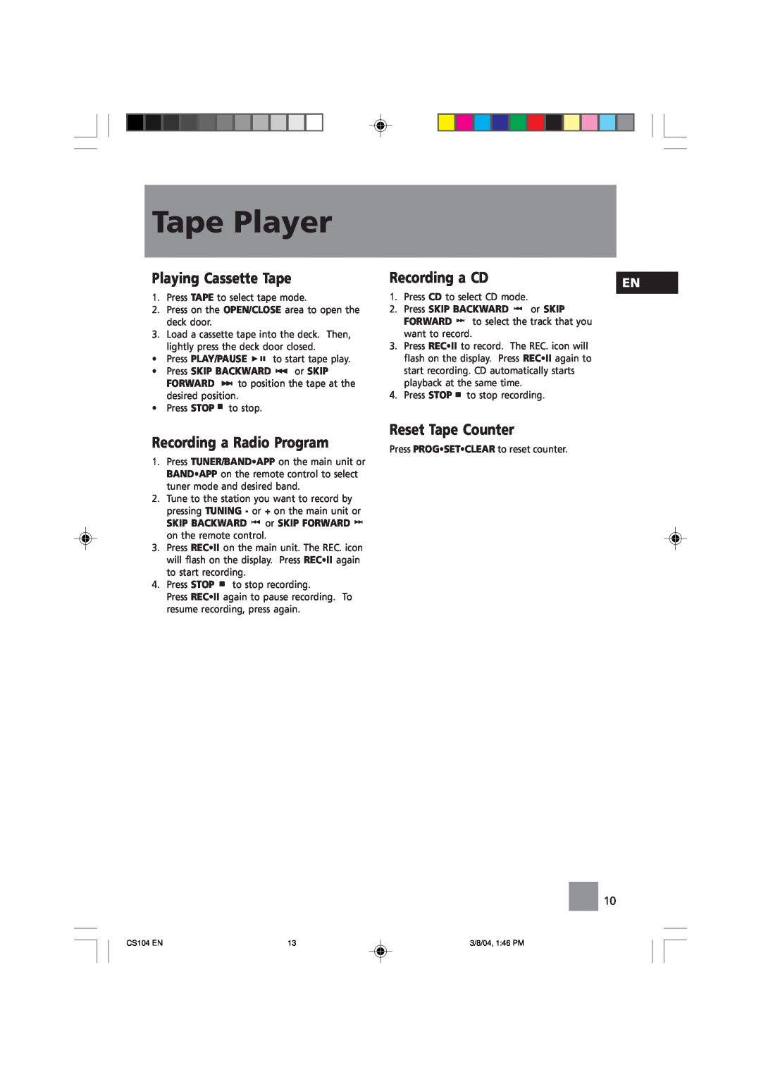 Technicolor - Thomson CS104 user service Tape Player, Playing Cassette Tape, Recording a Radio Program, Recording a CD 