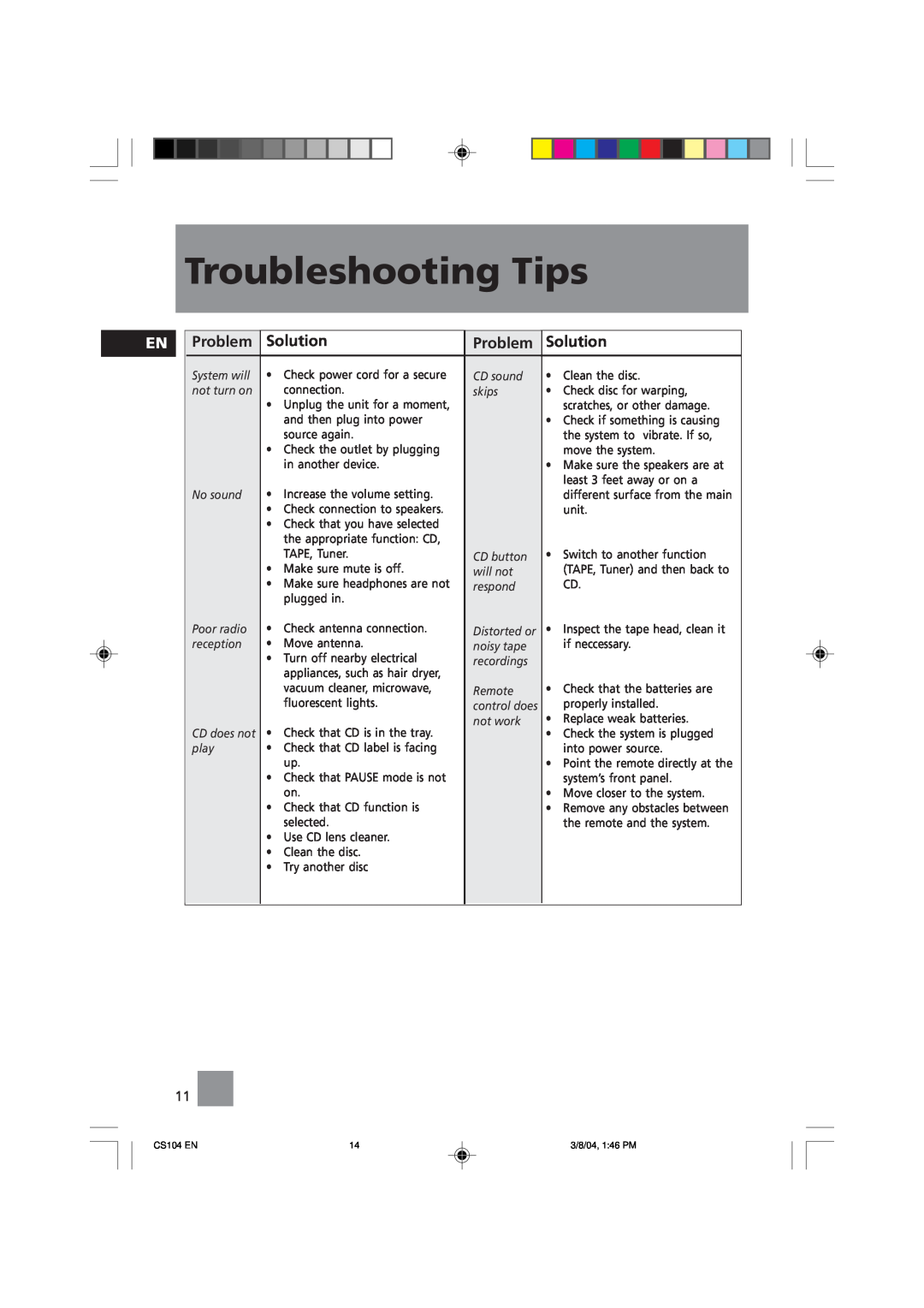 Technicolor - Thomson CS104 user service Troubleshooting Tips, Problem, Solution 