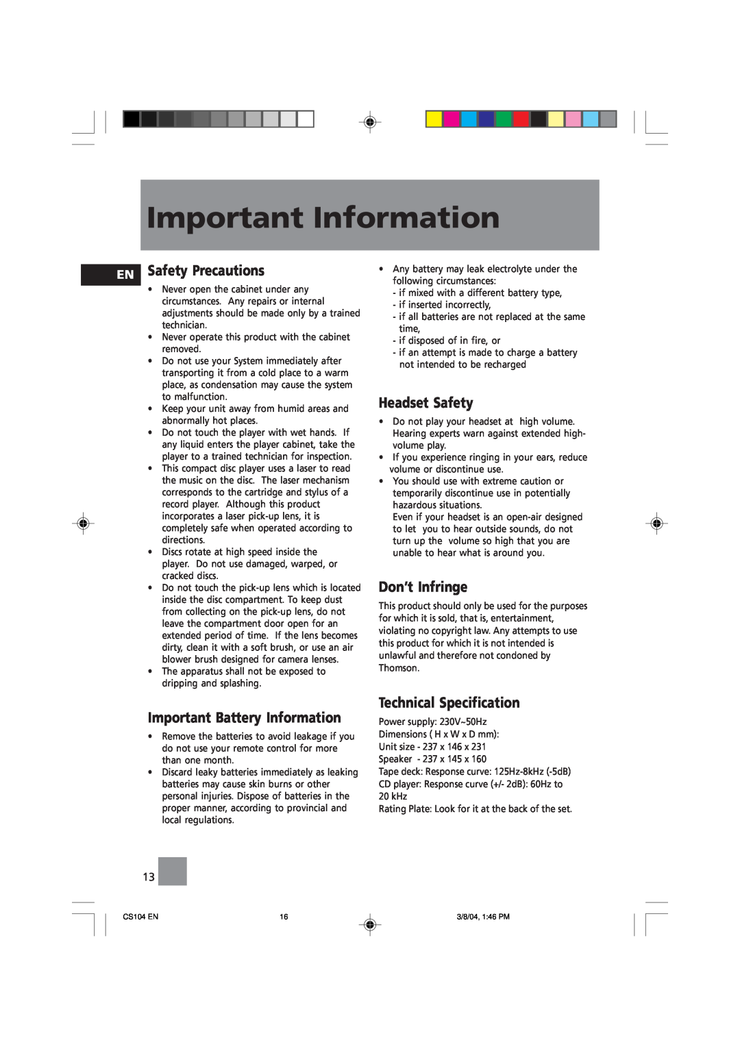 Technicolor - Thomson CS104 Important Information, Safety Precautions, Important Battery Information, Headset Safety 