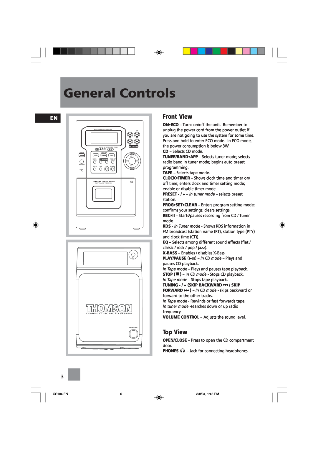 Technicolor - Thomson General Controls, CS104 EN, Tuning, Digital Logic Deck, Digital Pll Synthesized Tuner, Oneco 