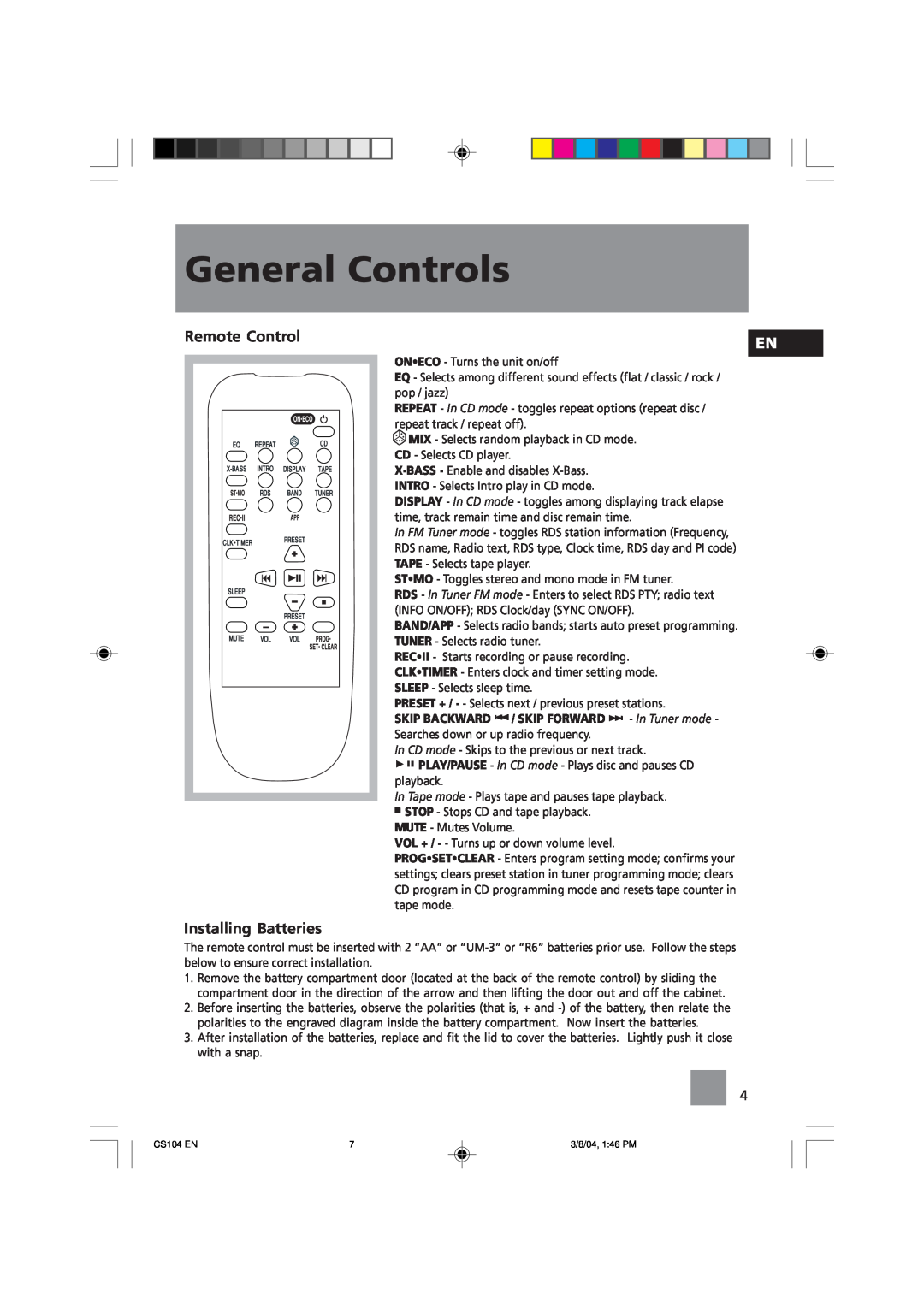 Technicolor - Thomson CS104 user service Remote Control, Installing Batteries, General Controls 