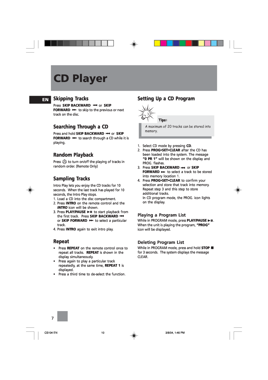 Technicolor - Thomson CS104 Skipping Tracks, Searching Through a CD, Random Playback, Sampling Tracks, Repeat, CD Player 