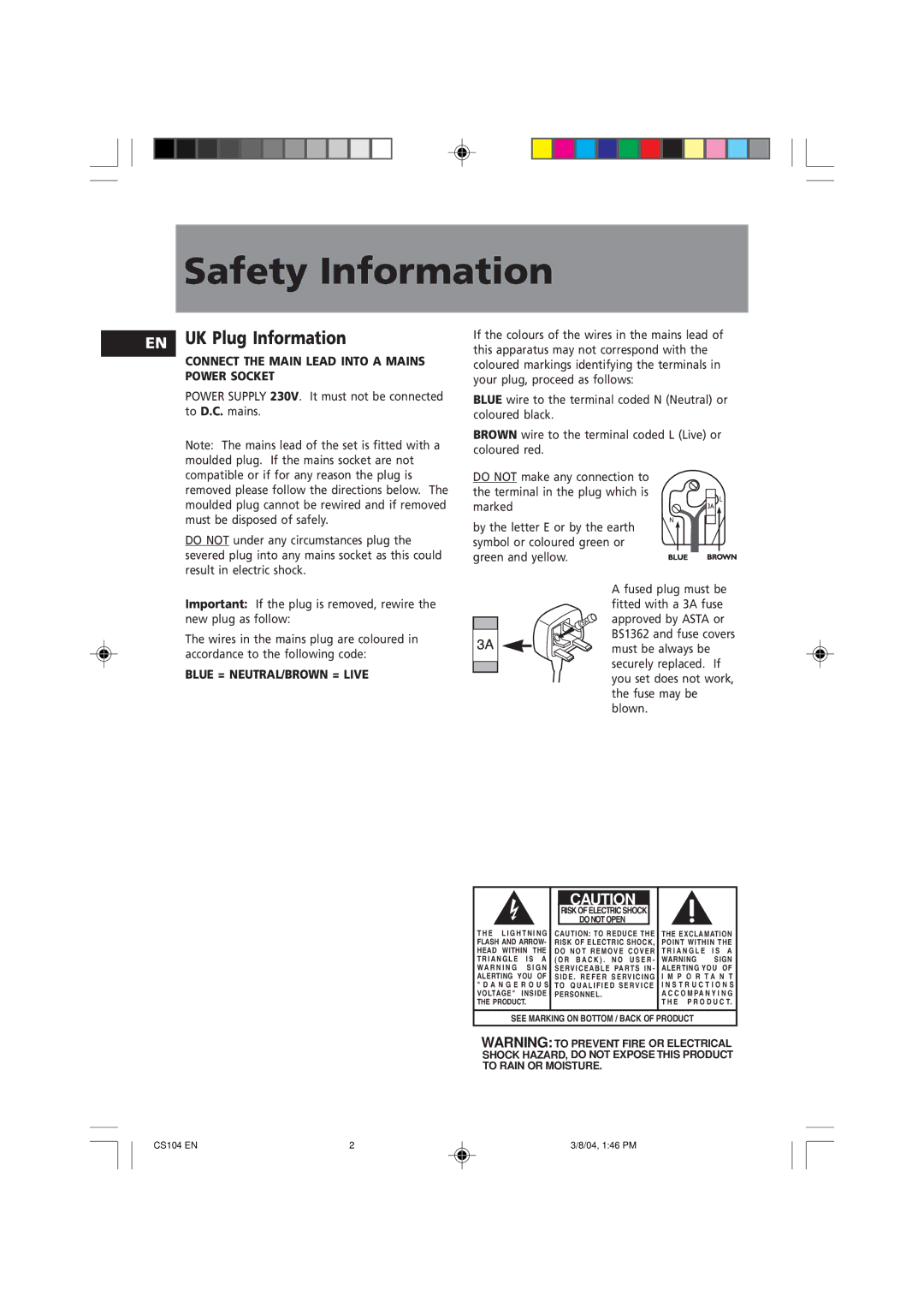 Technicolor - Thomson CS104 user service Safety Information, UK Plug Information 