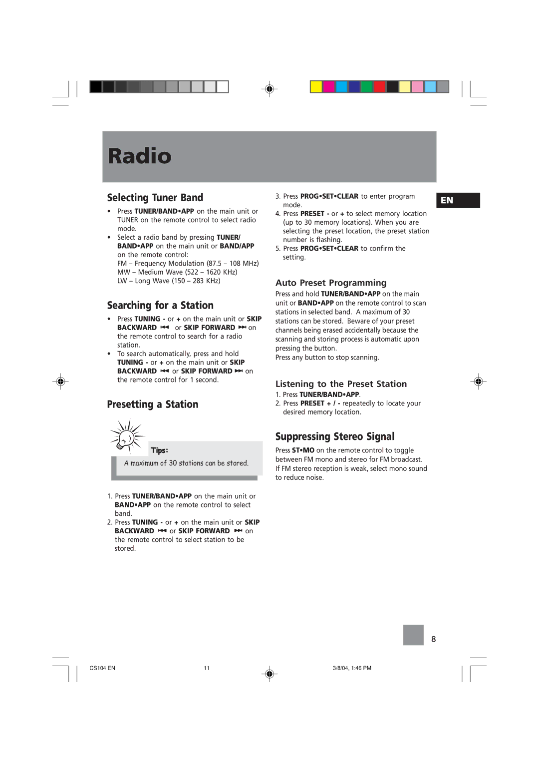 Technicolor - Thomson CS104 user service Radio, Selecting Tuner Band, Searching for a Station, Presetting a Station 