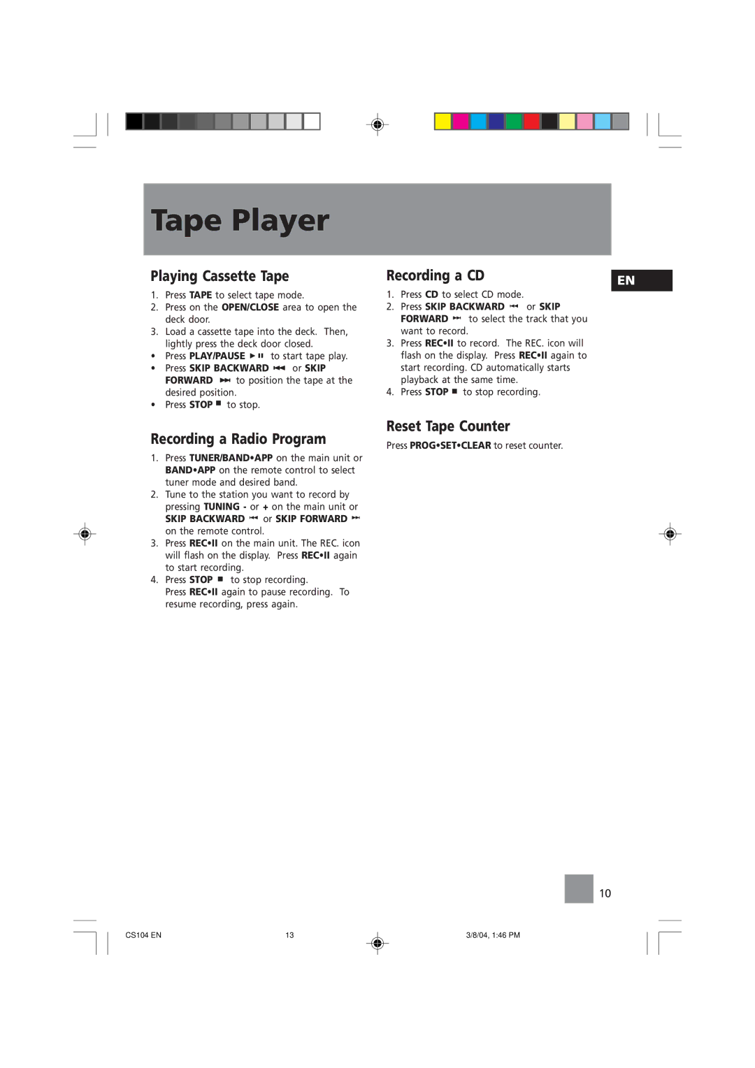 Technicolor - Thomson CS104 user service Tape Player, Playing Cassette Tape, Recording a Radio Program, Recording a CD 