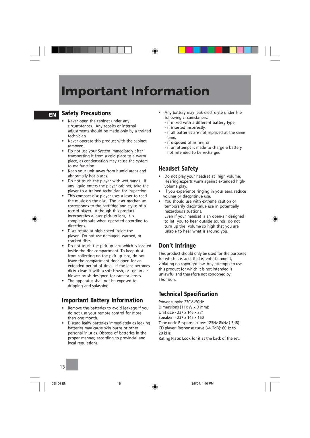 Technicolor - Thomson CS104 user service Important Information 