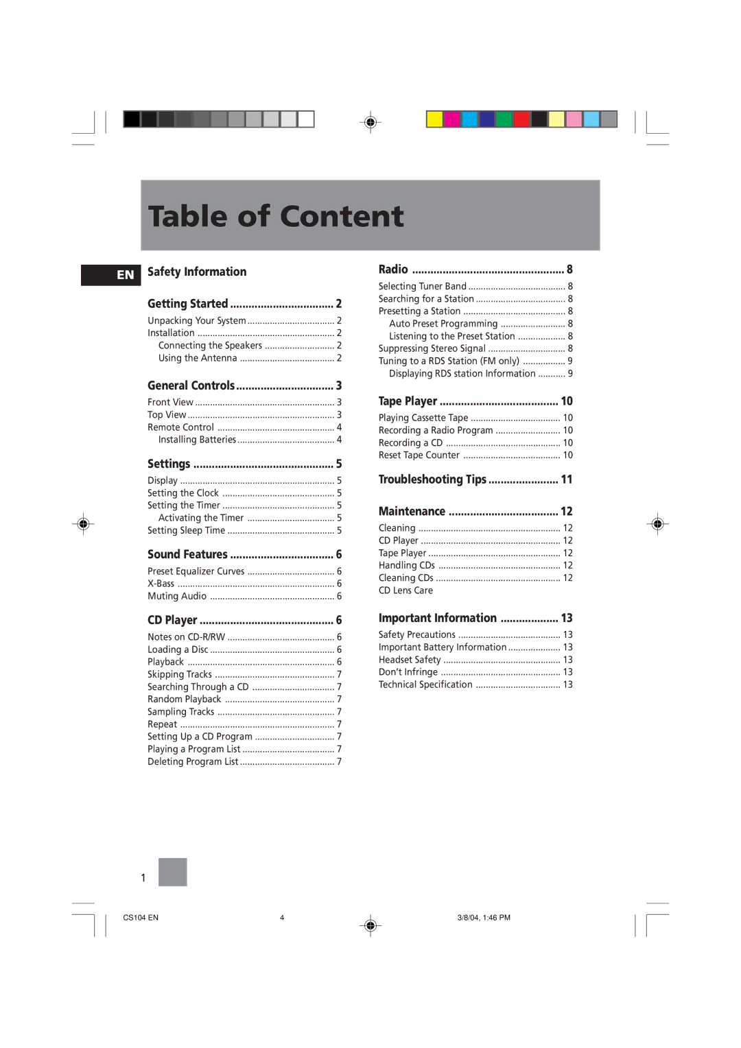 Technicolor - Thomson CS104 user service Table of Content, Safety Information 