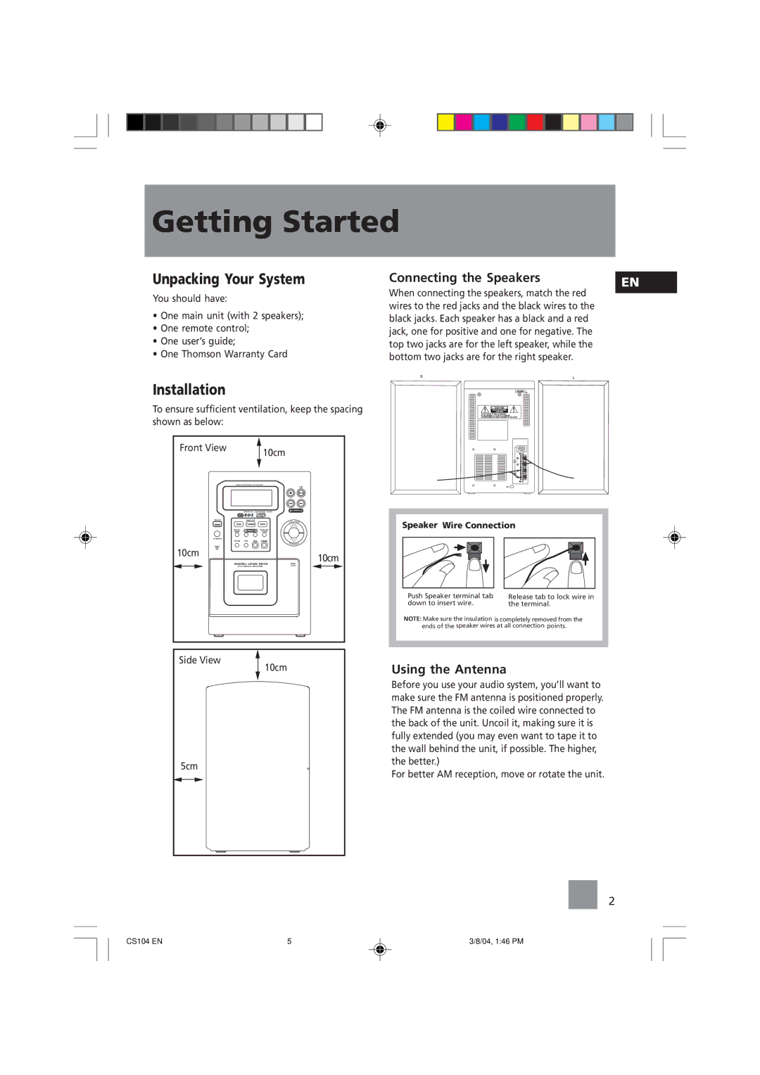 Technicolor - Thomson CS104 user service Getting Started, Unpacking Your System, Installation, Connecting the Speakers 