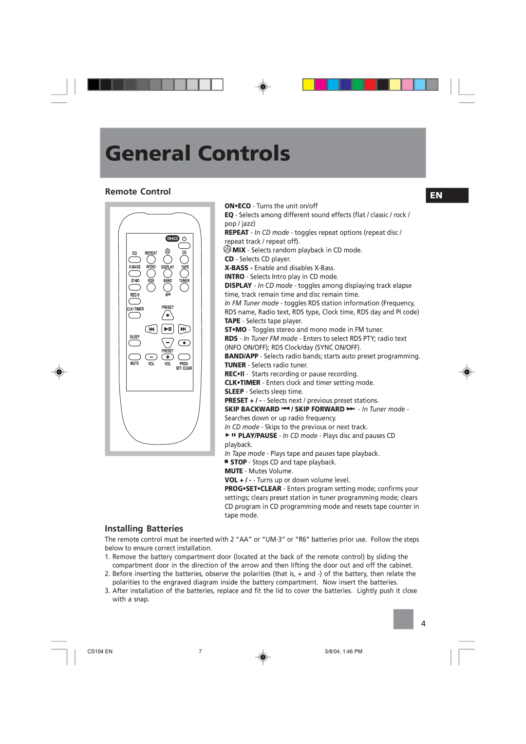 Technicolor - Thomson CS104 user service Remote Control, Installing Batteries 