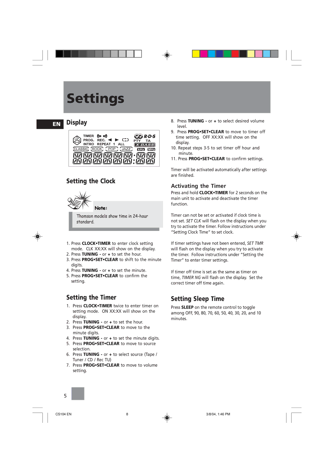 Technicolor - Thomson CS104 user service Settings, EN Display Setting the Clock, Setting the Timer, Setting Sleep Time 