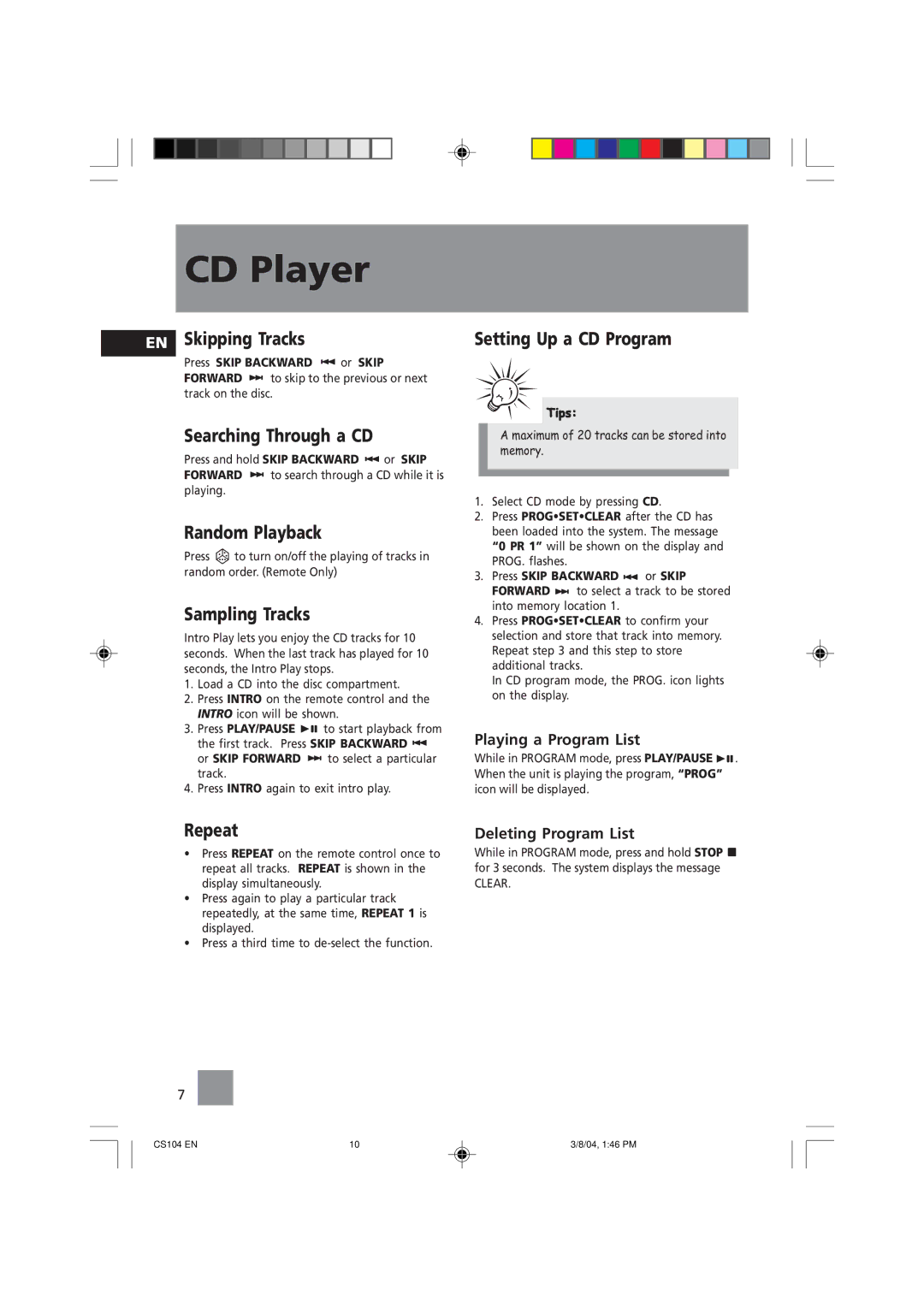 Technicolor - Thomson CS104 user service Skipping Tracks, Searching Through a CD, Random Playback, Sampling Tracks, Repeat 