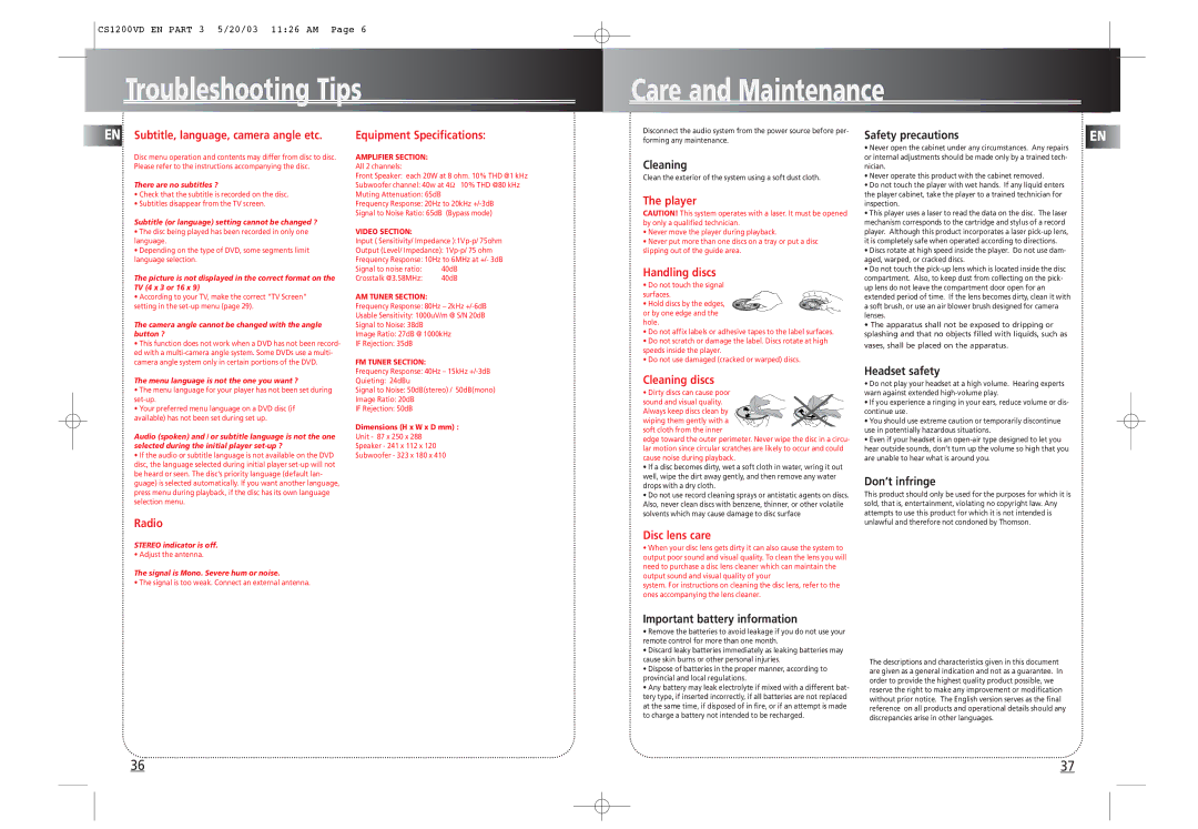 Technicolor - Thomson CS1200VD manual Troubleshooting Tips Care and Maintenance 