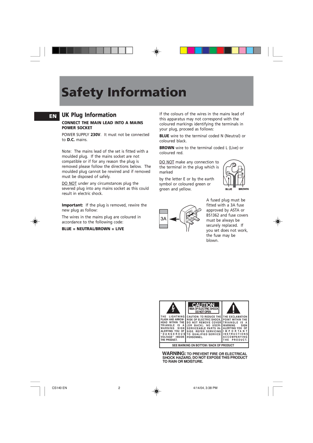 Technicolor - Thomson CS140 user service Safety Information, UK Plug Information 