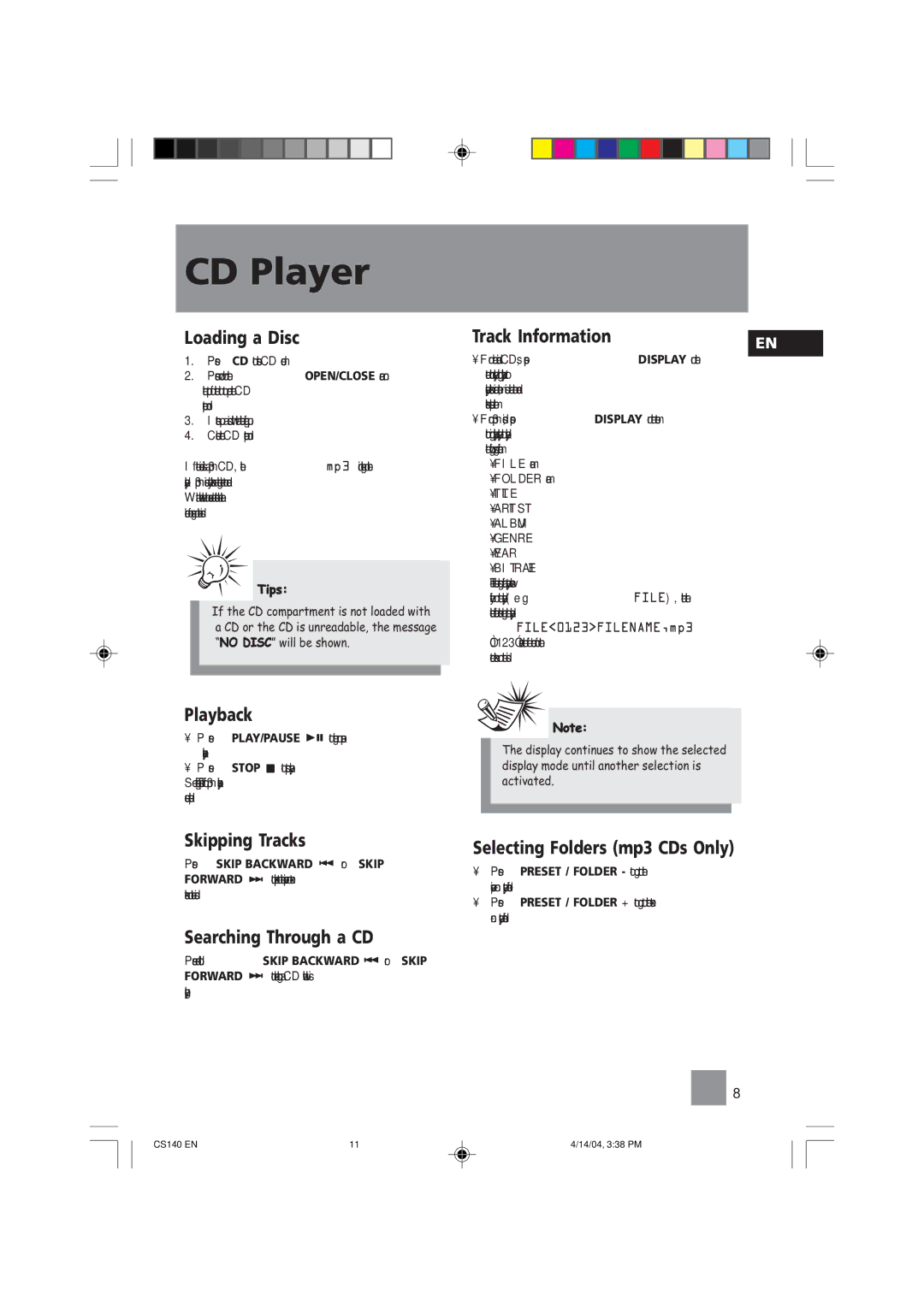 Technicolor - Thomson CS140 Loading a Disc, Track Information, Playback, Skipping Tracks, Searching Through a CD 