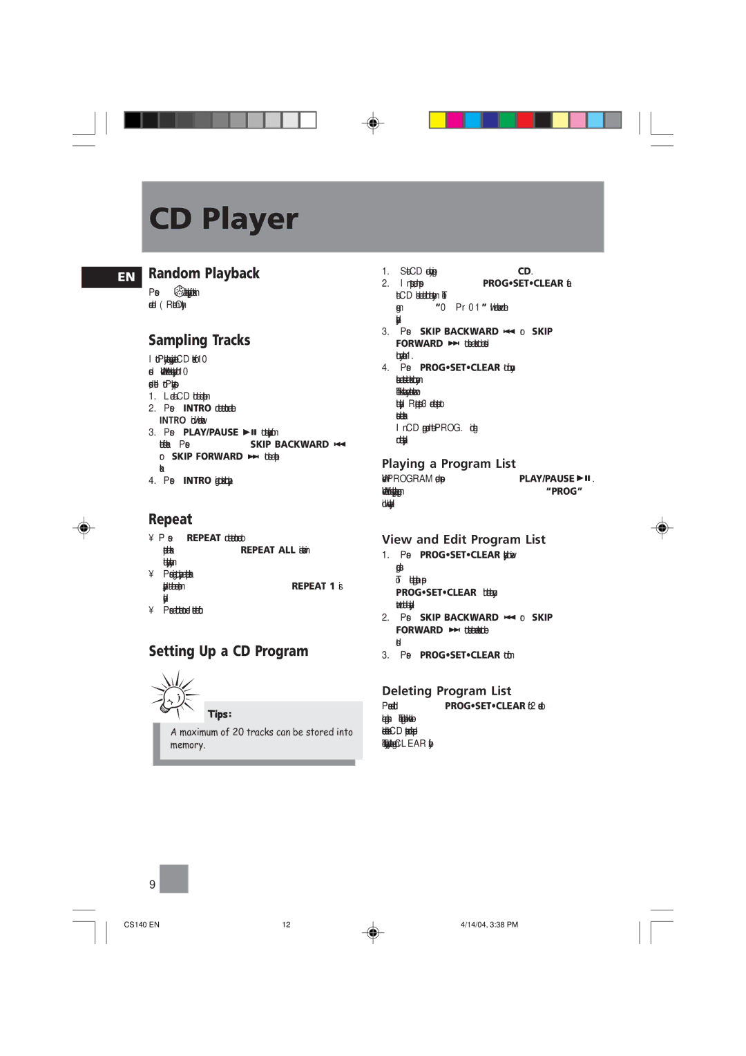 Technicolor - Thomson CS140 user service EN Random Playback, Sampling Tracks, Repeat, Setting Up a CD Program 