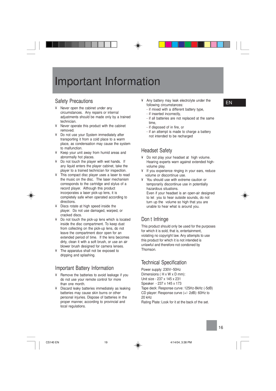 Technicolor - Thomson CS140 user service Important Information 