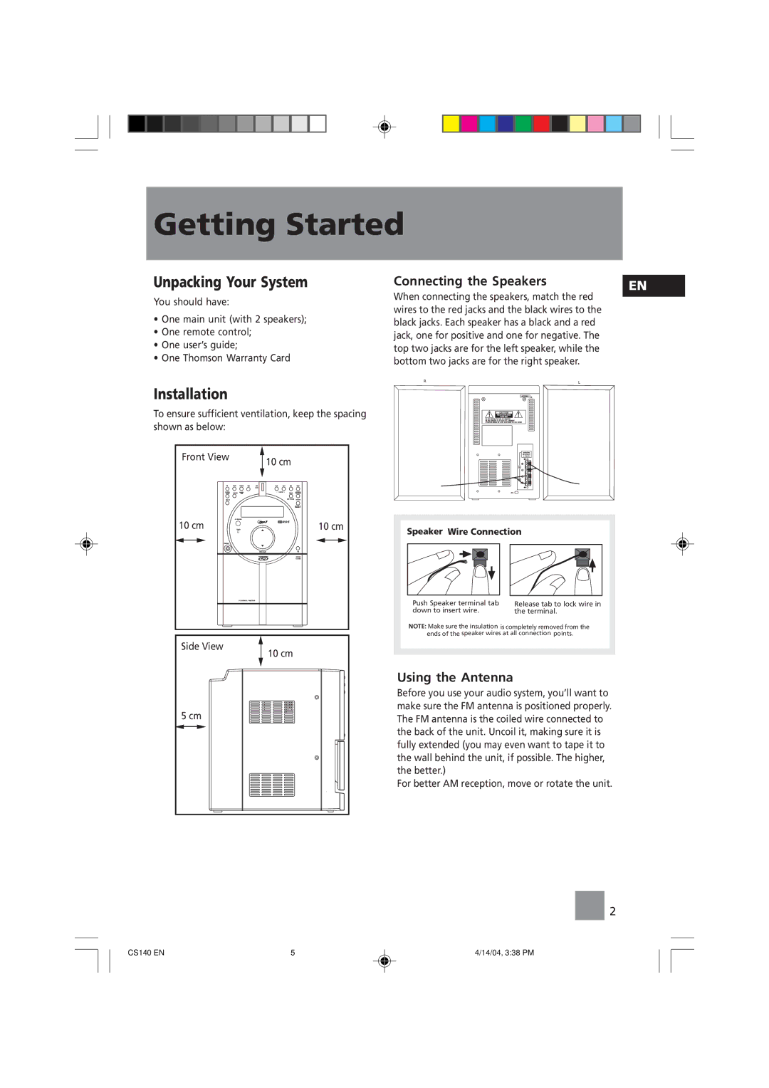 Technicolor - Thomson CS140 user service Getting Started, Unpacking Your System, Installation, Connecting the Speakers 