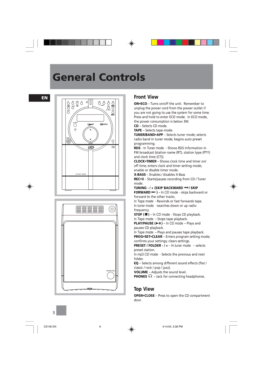 Technicolor - Thomson CS140 user service General Controls, Front View, Top View 