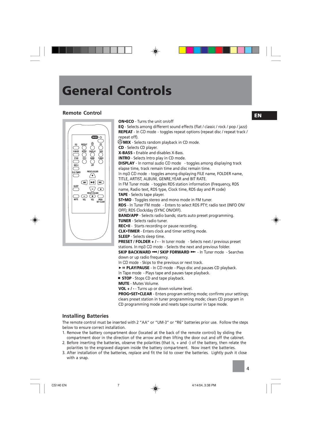 Technicolor - Thomson CS140 user service Remote Control, Installing Batteries 