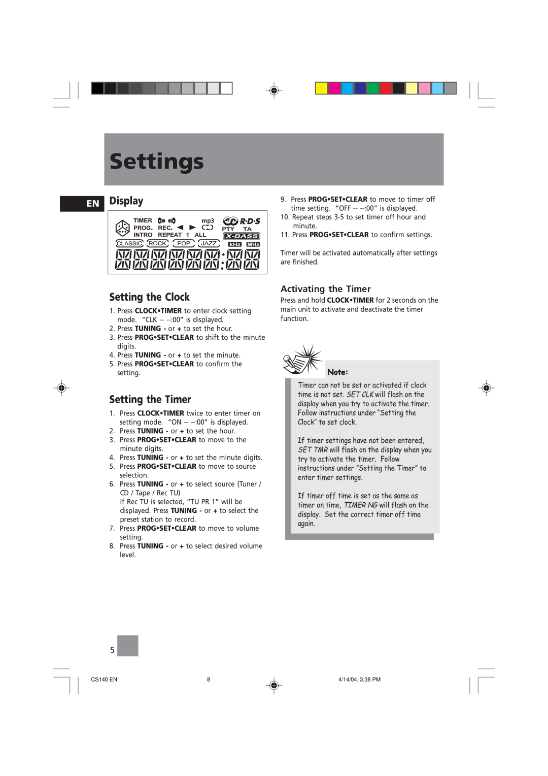 Technicolor - Thomson CS140 user service Settings, Display, Setting the Clock, Setting the Timer, Activating the Timer 