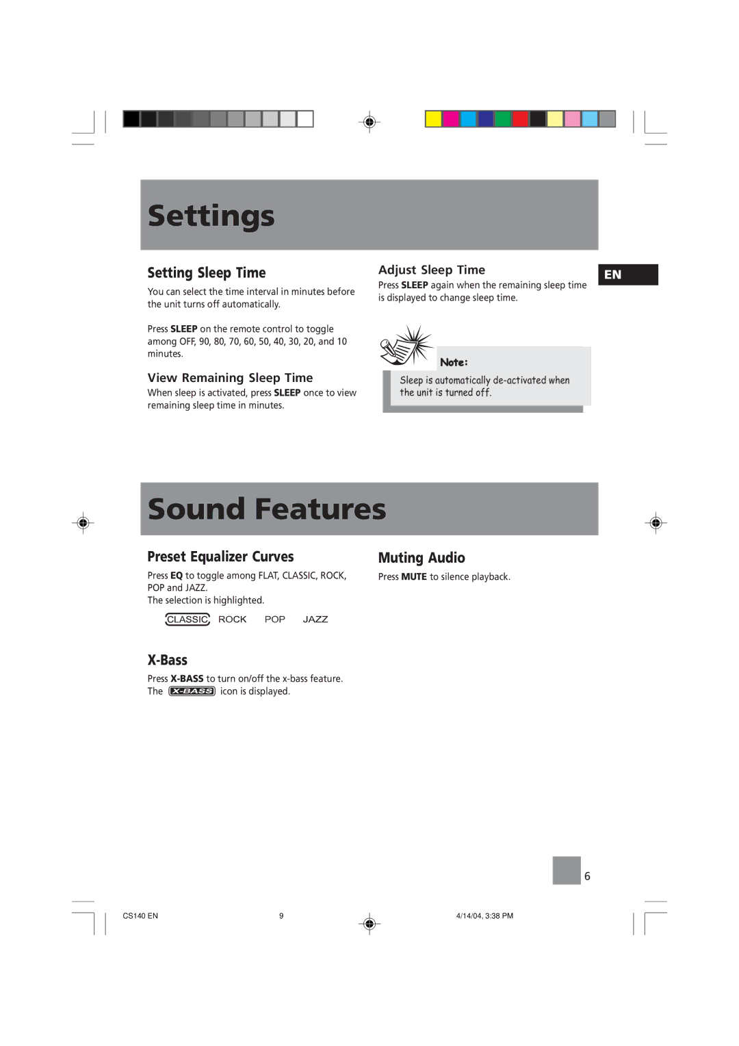 Technicolor - Thomson CS140 user service Sound Features, Setting Sleep Time, Preset Equalizer Curves, Bass, Muting Audio 