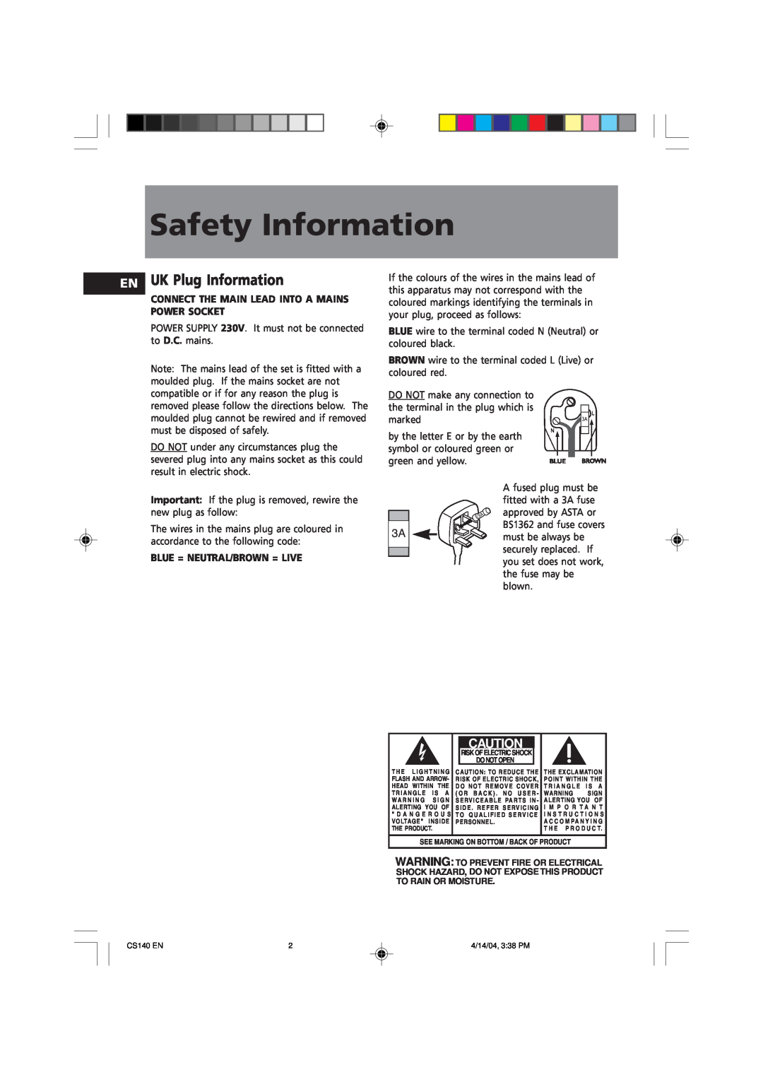 Technicolor - Thomson CS140 user service Safety Information, UK Plug Information 