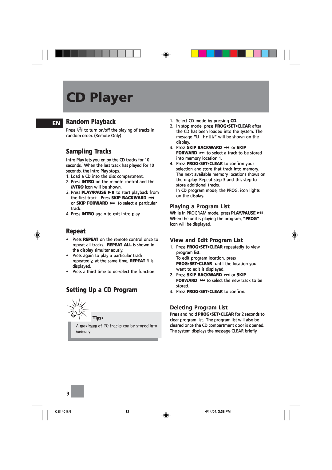 Technicolor - Thomson CS140 EN Random Playback, Sampling Tracks, Repeat, Setting Up a CD Program, Playing a Program List 