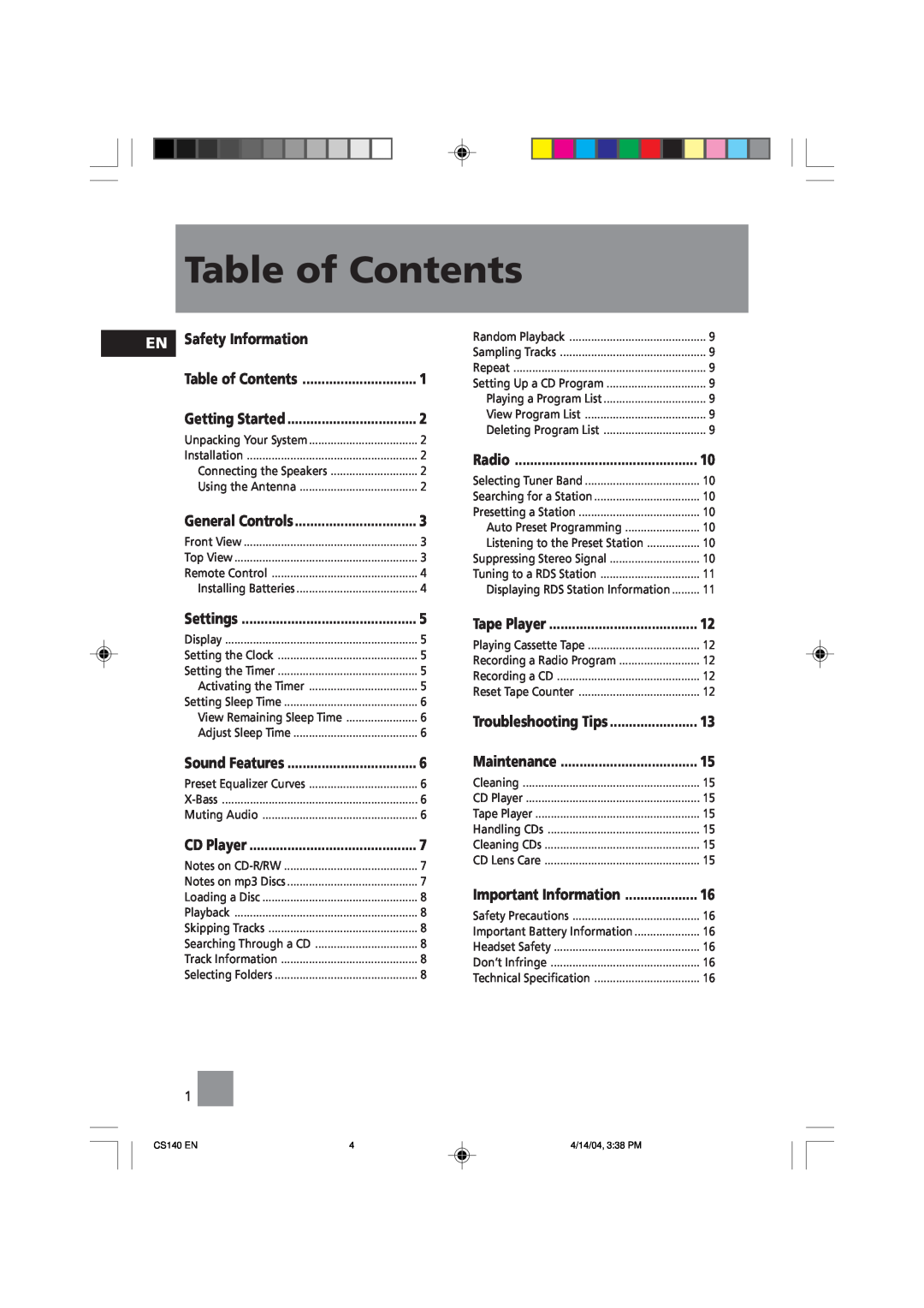 Technicolor - Thomson CS140 user service Table of Contents, EN Safety Information 